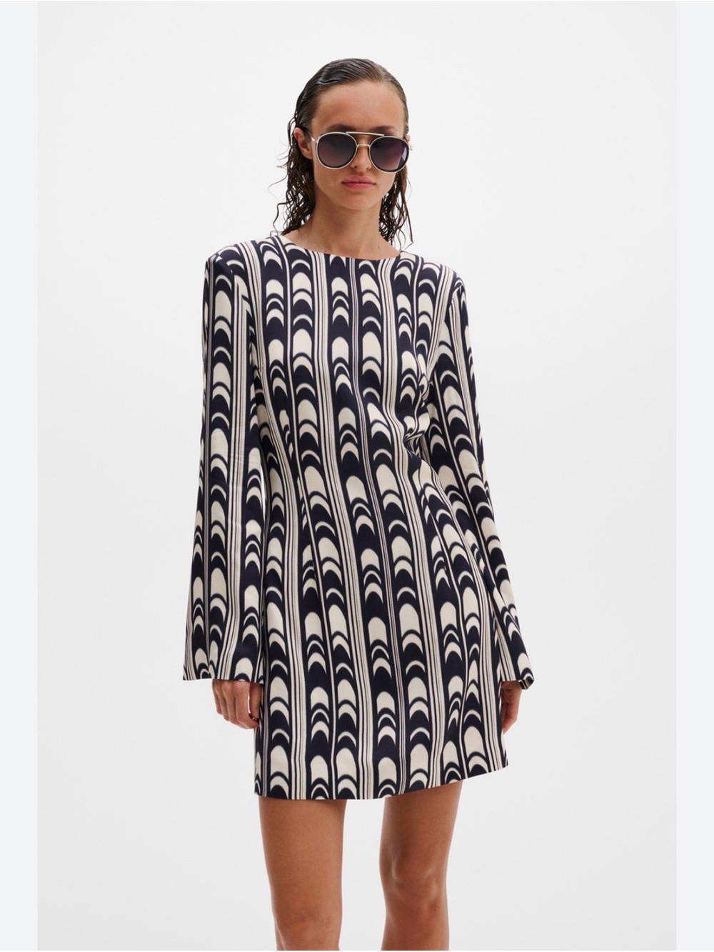 By Malina Navy and Cream Long-Sleeve Patterned Mini Dress